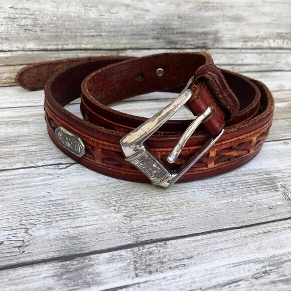 Fossil Western Leather Belt Sz 38 Brown Metal Woven Concho Silver Tone Cowgirl - Picture 7 of 14